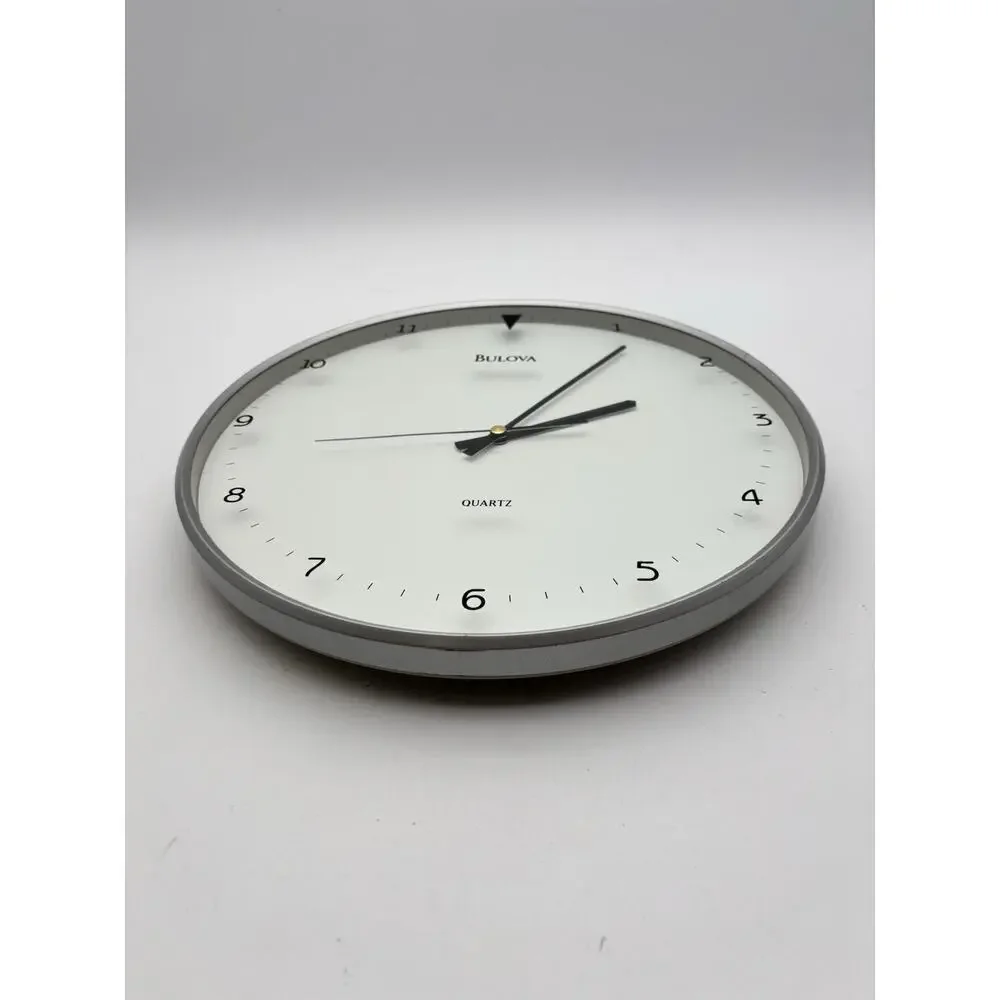 Bulova Quartz White Wall Clock 12”x 12”. Tested Works. Very Good Condition.
